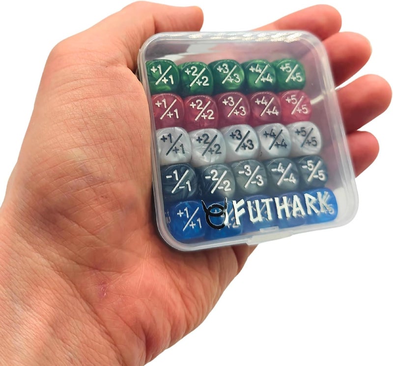 Futhark MTG Counter Dice Set - 25 Compact Multicolored Acrylic Dice with Plus/Minus Counters - Easy to Carry & Easy to Read - Accessories for Magic: The Gathering - Image 5